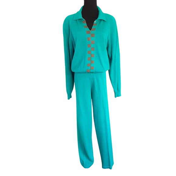 Vintage 80s Collared Crop Sweater + Straight Leg Knit Pants Set Aqua Womens L/XL - Picture 1 of 10